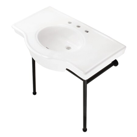 Fauceture 37" Ceramic Console Sink with Stainless Steel Legs, White/Matte Black VPB28140W8MB